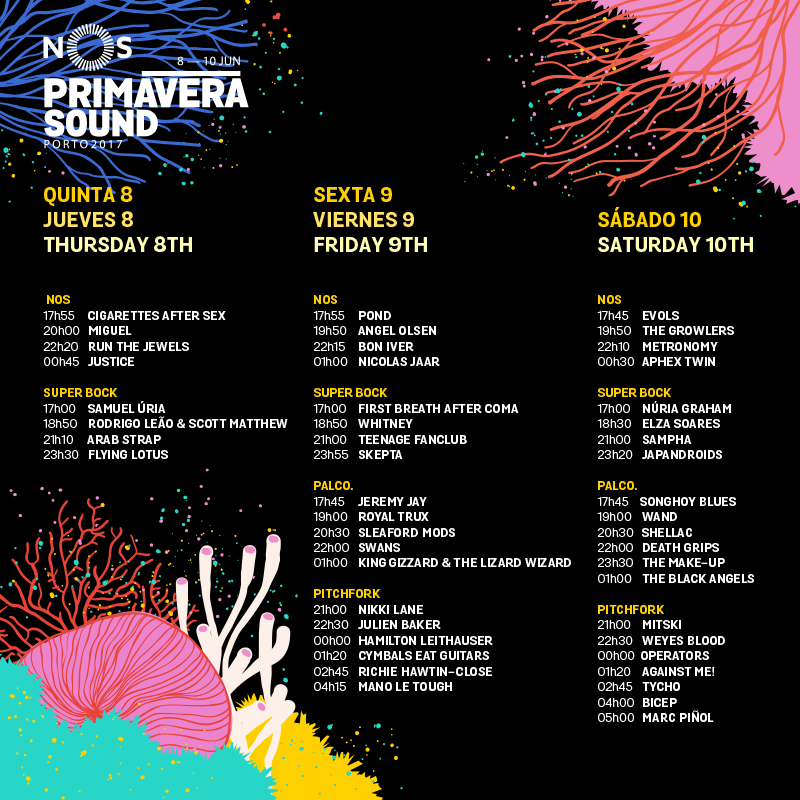 HORÁRIOS E DISTRIBUIÇÃO DA PROGRAMAÇÃO POR PALCOS NO NOS PRIMAVERA SOUND 2017